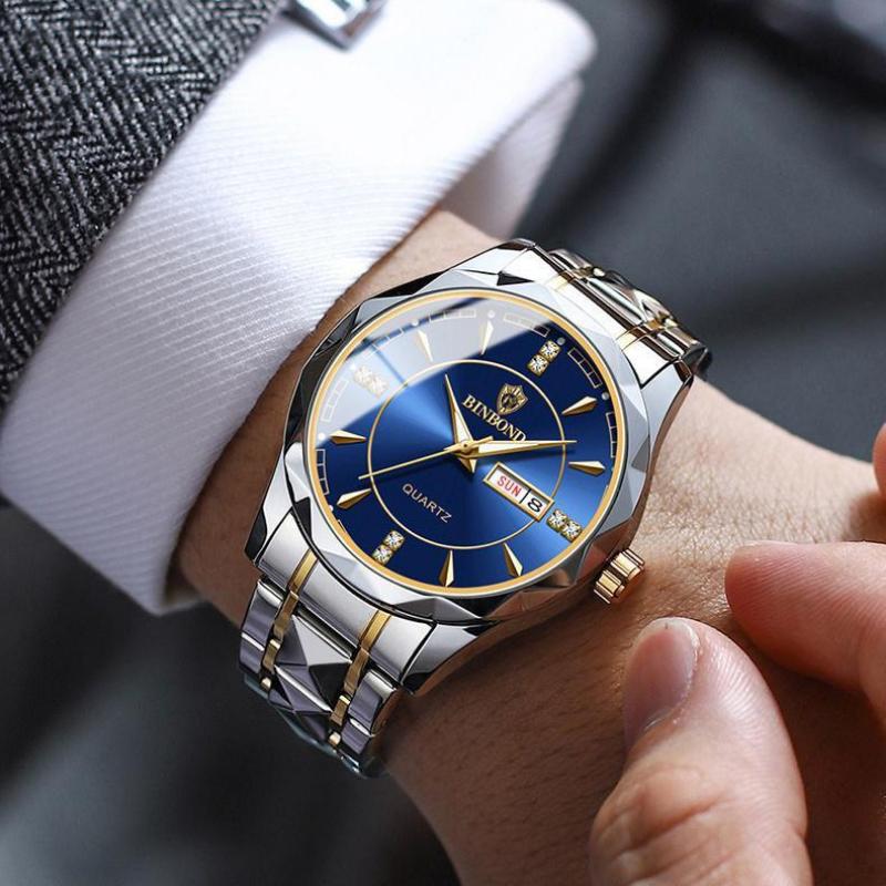 BINBOND Fashion Quartz Watch Ultra Thin Diamond Business Gold Watches Rhombic Three Dimensional Design Stainless Steel Luminous Watches with Gift Box