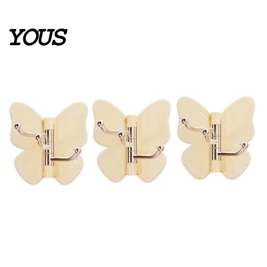 Hair Tie Holder Hook Rotating Butterfly Adhesive Wall Hooks, 3-Prong No-Drill Swivel Hangers, with Key Adjustable Angle Space-Saving Hook, for