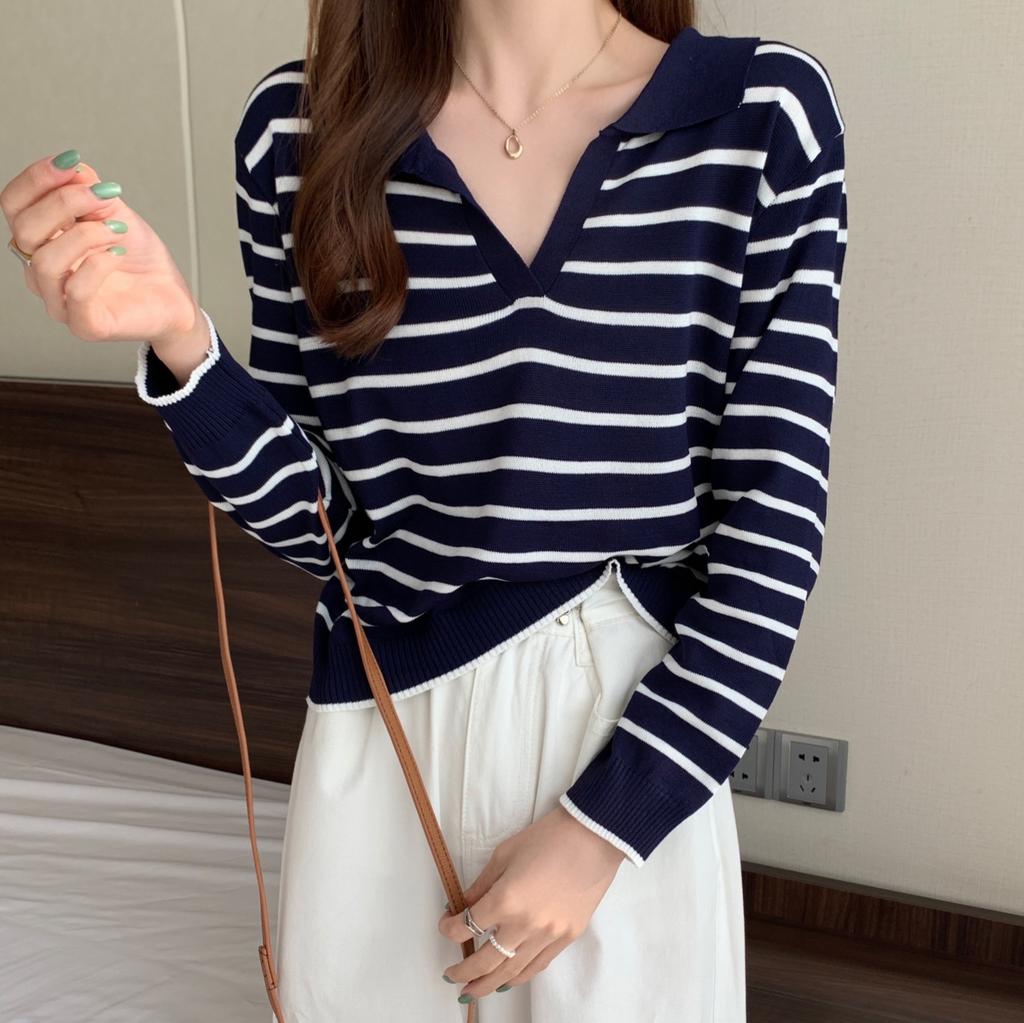New Autumn Women's New Polo Collar Striped Long-sleeved Knitted Sweater Loose Casual Age Reduction