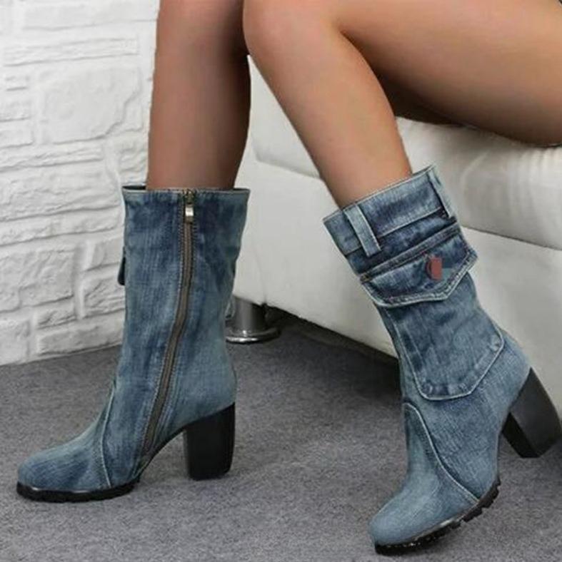 Autumn/Winter Fashion New Coarse Heel Retro Denim Women's Boots Side Zipper Women's Fashion Mid Barrel Designer Boots