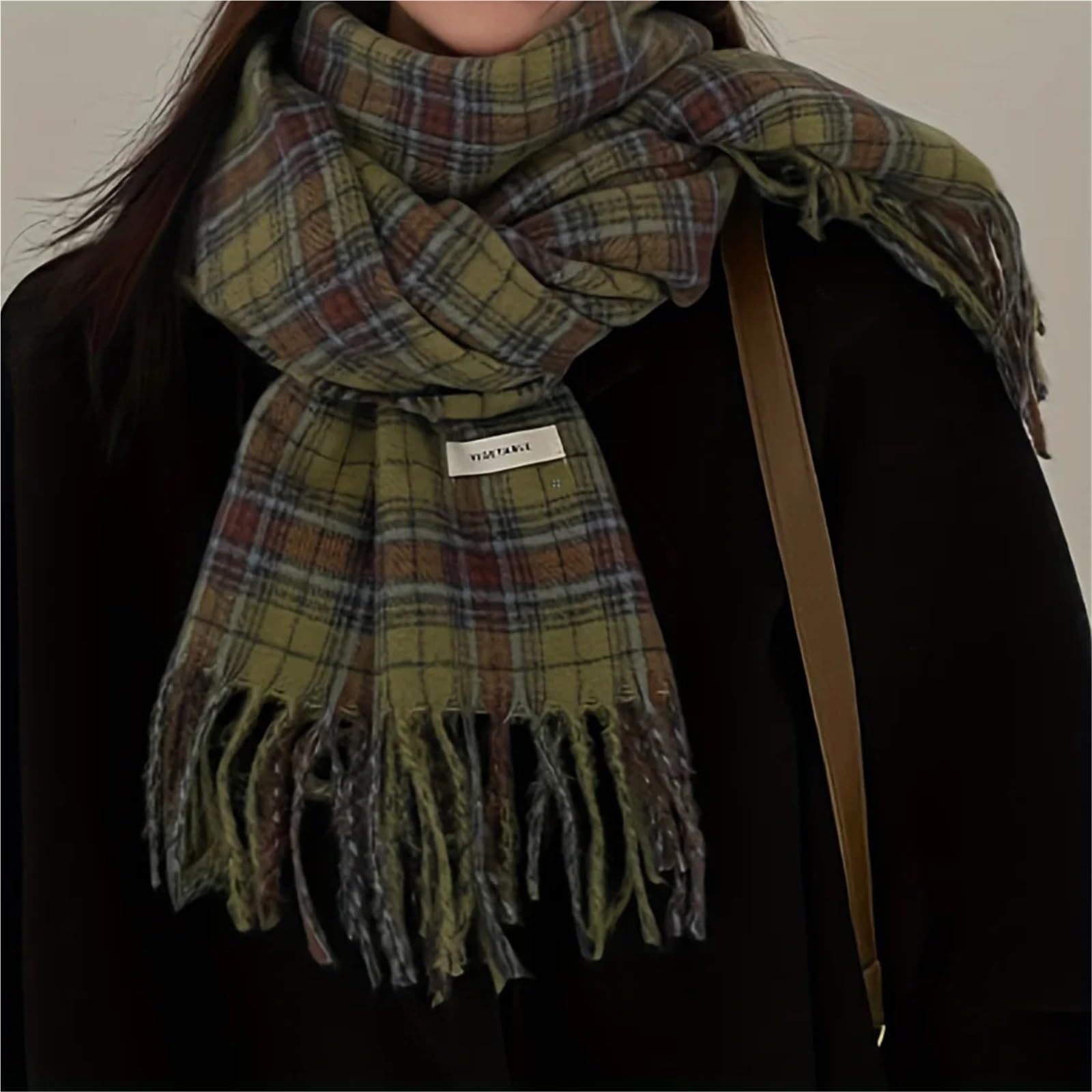 

Vintage Green Plaid Scarf for Women - Cozy Winter Faux Cashmere Wrap with Elegant Tassels