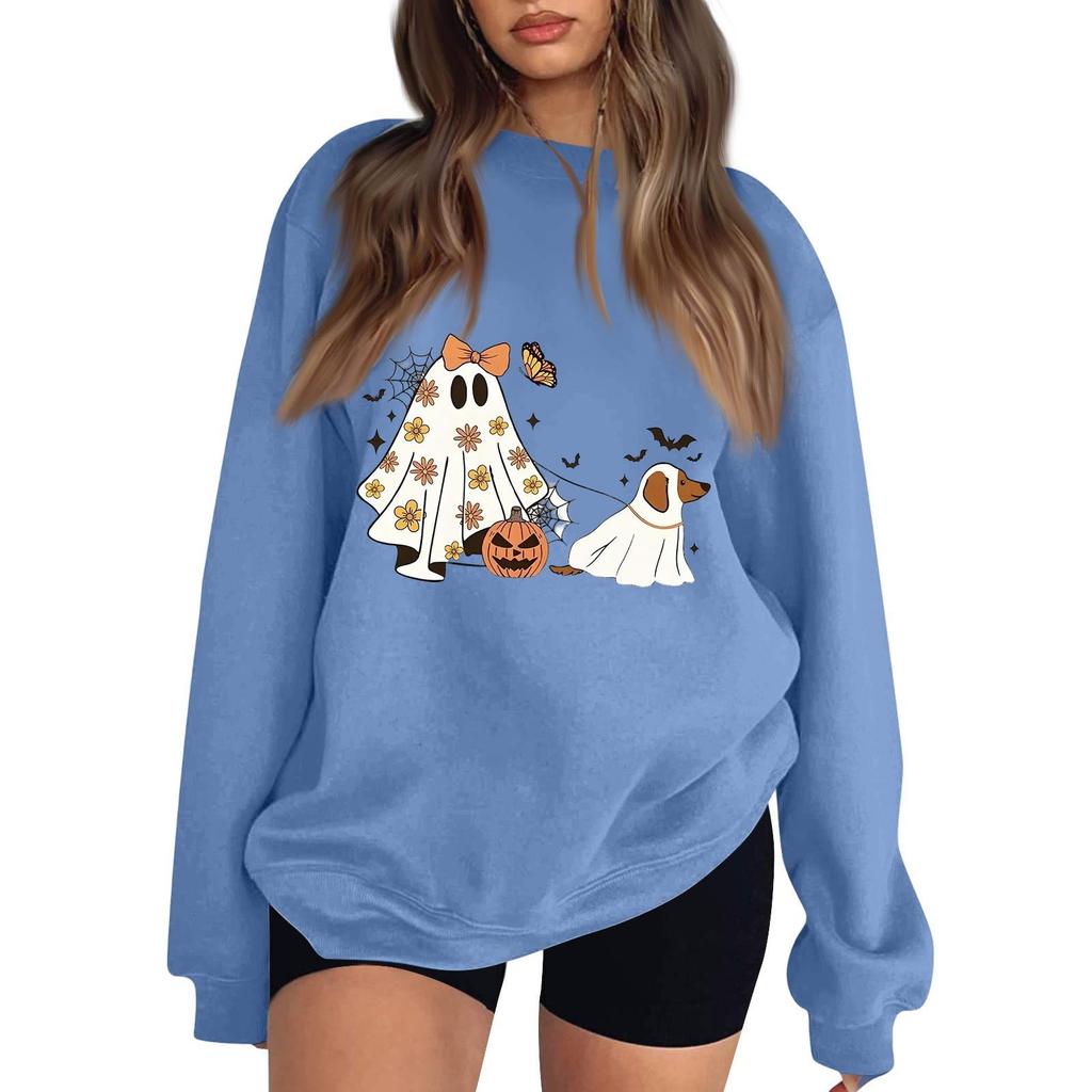 Women's Neck Long Sleeve Comfy Sweatshirt Casual Loose Fit Color Halloween Print Pullover