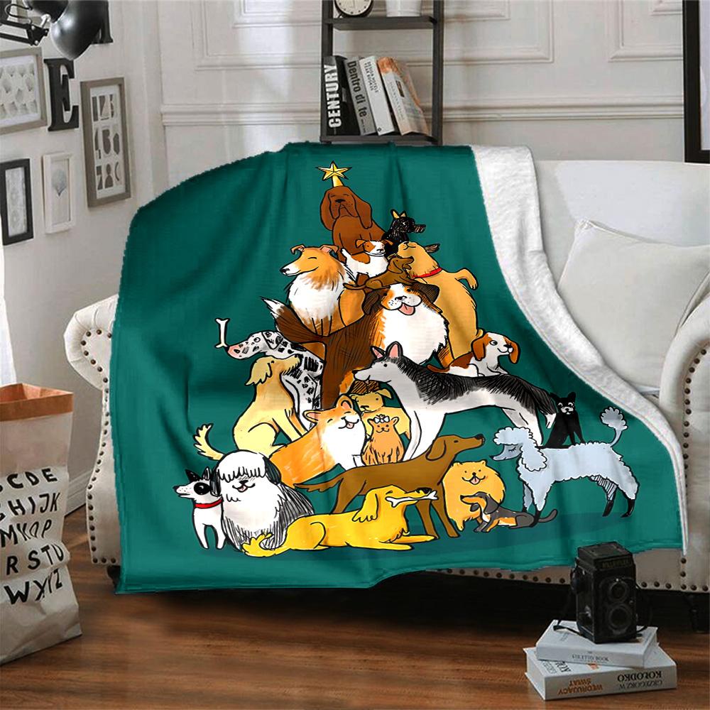 Dogs Christmas Tree Flannel Blanket Super Soft Warm Cozy Blanket For Sofa Bed Office Travel Allseason Home Decor Gift