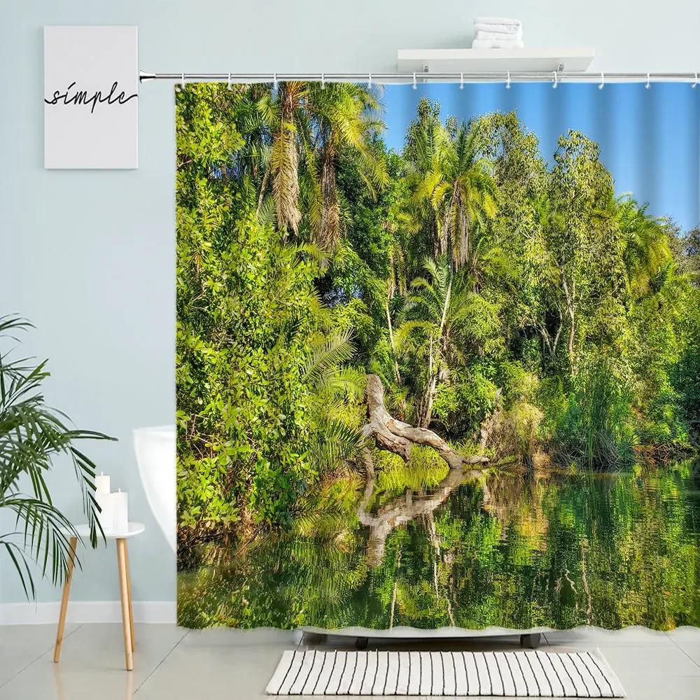 Tropical Jungle Scenery Shower Curtain Waterfall Forest Palm Leaf Green Plant Natural Landscape Home Bathroom Waterproof Screen Polyester Perfect For