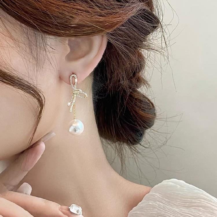Fashionable Bows Drop Earrings Sweet Pearl Earrings Crystal Bowknot Ear Pendant