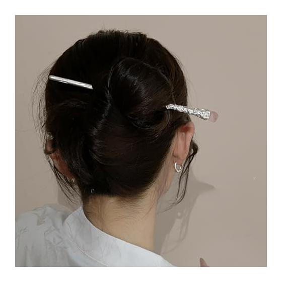 Kanzashi Hair Stick with Natural Stone (Rose/Ash Pink) - 17cm Brass Gold Plated, Simple Hair Accessory for Yukata, Kimono, Daily Wear, Gift for Women