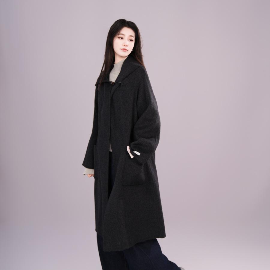 Light luxury celebrity fashion sense loose hooded double-sided nylon wool double-sided solid color 3016