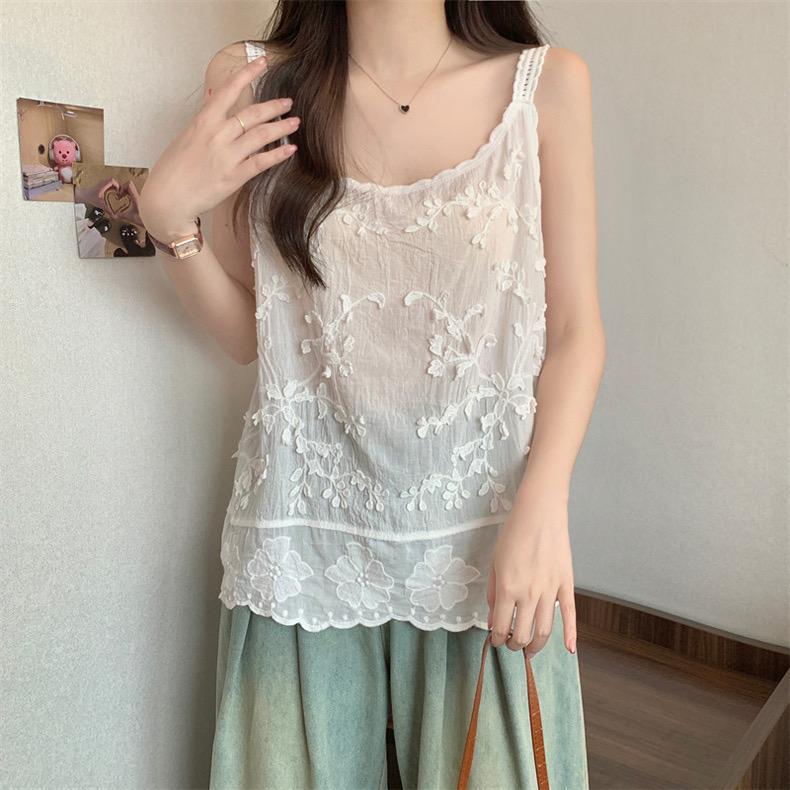 Women s Chic French Lace Embroidered Sleeveless Camisole - Summer Top Q53931 One Size белый
