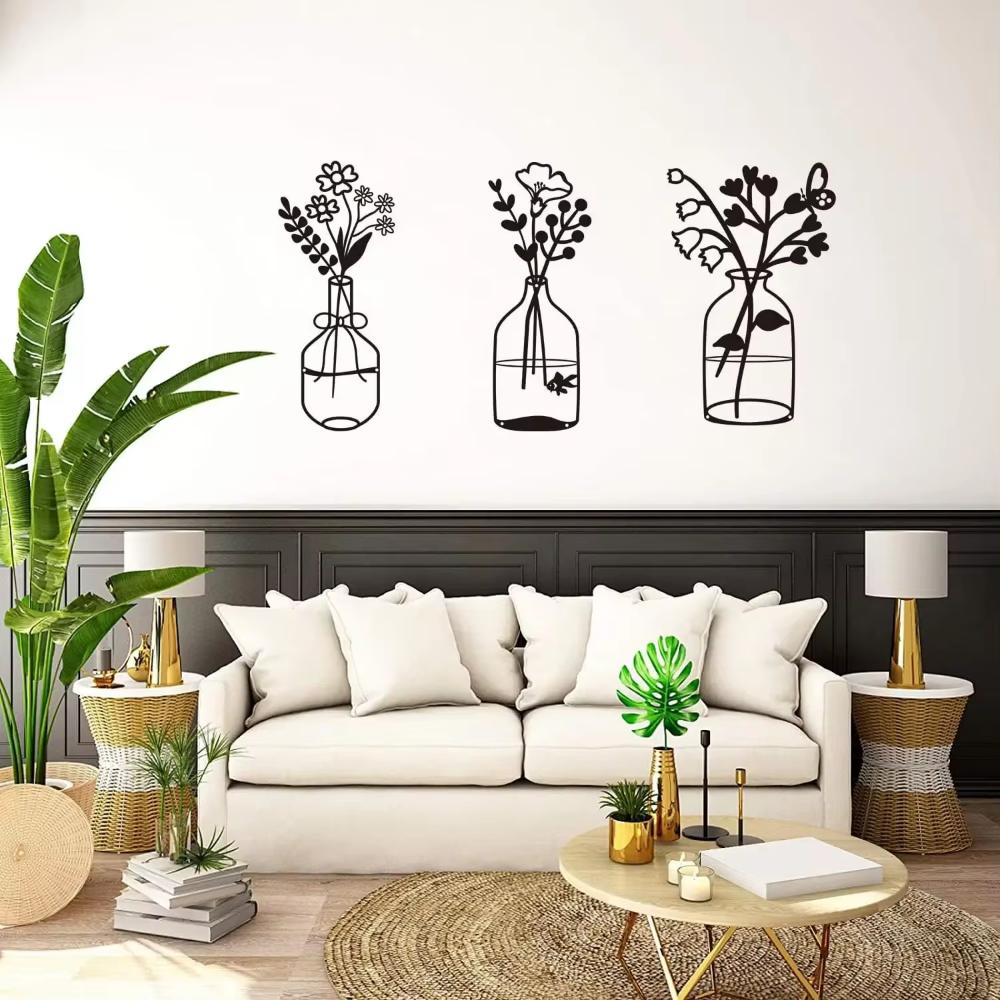 3 Pcs Black Metal Flowers Wall Decor - Metal Vase Wall Art. Hanging Metal Wall Sculptures for Indoor Spaces Like Kitchen