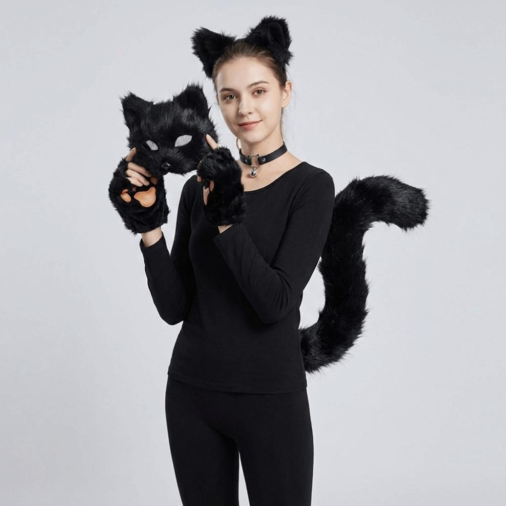 Faux Fur Animal Costume Set Funny Tail Mask Paw Gloves Full Set Plush Cosplay Mask Halloween