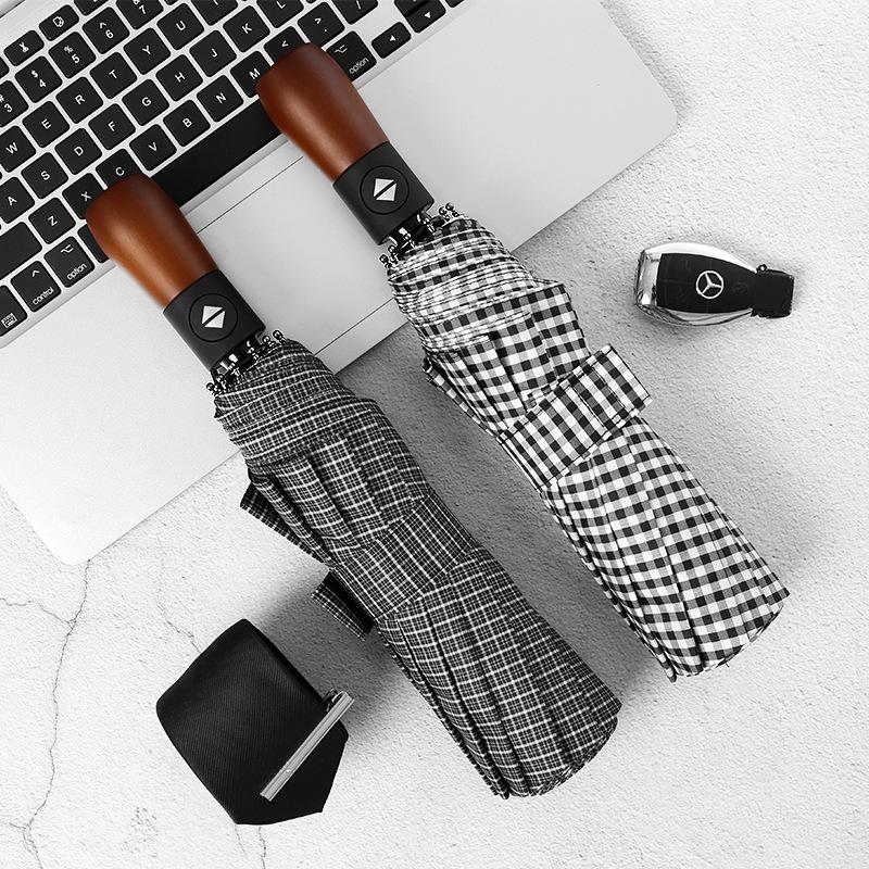 Ten-bone windproof umbrella three-fold automatic umbrella folding umbrella men's solid wood plaid umbrella
