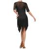 Ladies Glittery Rhinestone Tassel Dress Mesh Patchwork Short Sleeve Irregular Hem Fringe Latin Tango Chacha Dance Dress