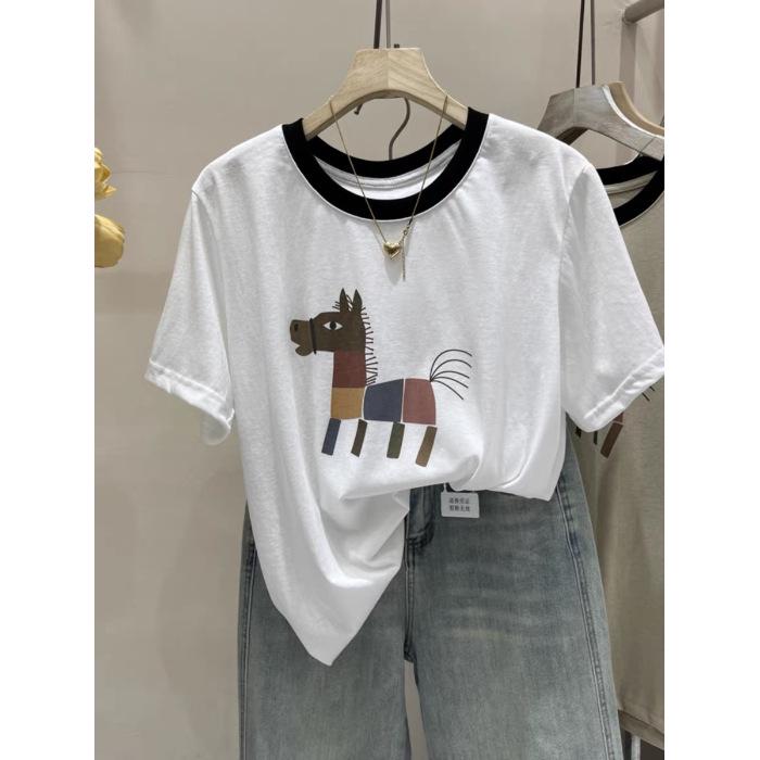 Colorful Horse Print Plus Size Summer Casual Loose Women's Cotton T-shirt
