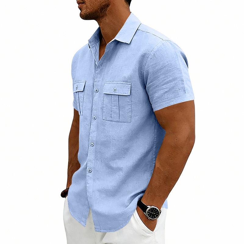 Men S American Casual Loose Short Sleeve Linen Work Shirt With Double Pockets