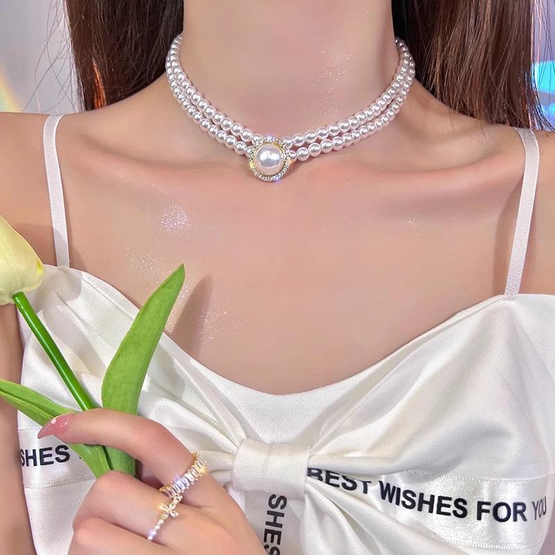 Light luxury elegant pearl water drop fringed rhinestone collarbone chain fashion temperament celebrity high sense necklace new trend