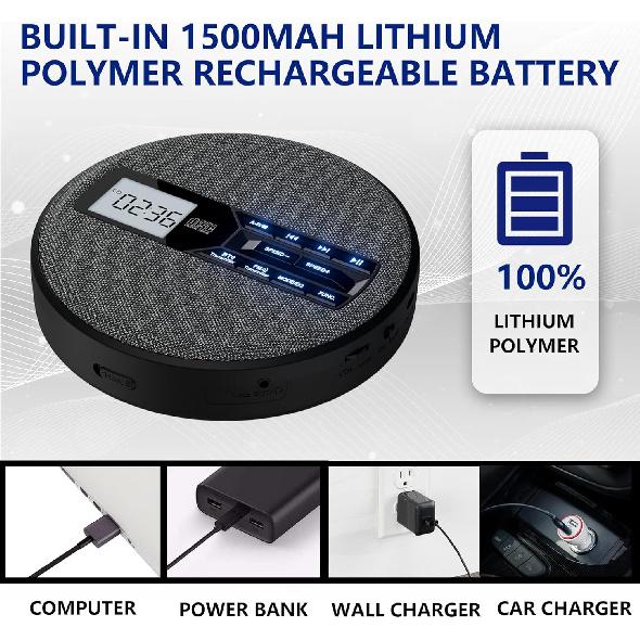 Wiederaufladbarer tragbarer CD-Player mit Dual-Lautsprechern und Anti-Skip, CD, Dual-Bluetooth, FM-Übertragung, USB, AUX, LCD-Display, beleuchtete Tasten, Wiederholung
