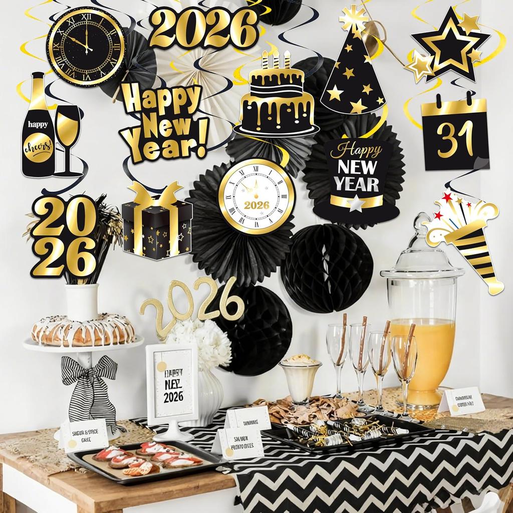 Happy New Year Party Hanging Swirls 22Pcs New Year Countdown Clock Theme Ceiling Streamers for 2026 New Years Eve Party Decorations Midnight