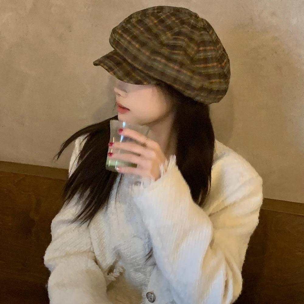 Cotton Grid Beret Cap Thin Women Octagonal Hat Painter Hat Plaid Cloud Cap  Work