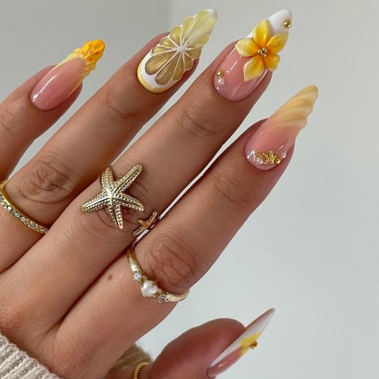 1 Set 3D Press On Nails Easy Removal Almond French Tip Stick-on Fake Nails Full Cover Glue On False Nails Women DIY Manicure Supplies