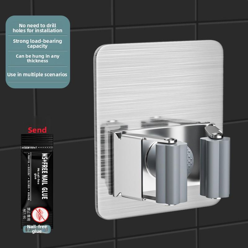 Wall-mounted Mop Holder Without Drilling - Stainless Steel Bathroom, Kitchen and Toilet Mop Holder Storage Hanging Frame, Fixed Clamp