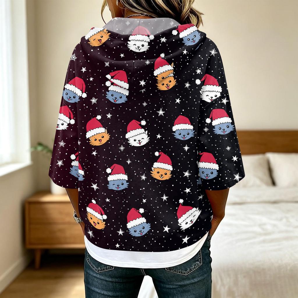 Women's Casual 3/4 Sleeve Hooded Christmas T-Shirt for Holiday Parties and Everyday Wear