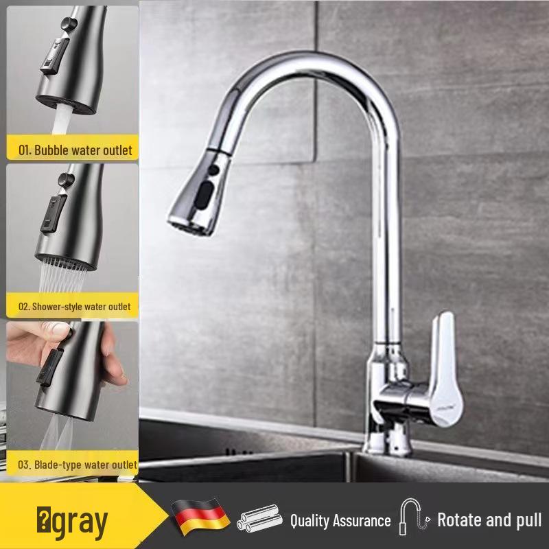 Stainless Steel Telescopic Rotatable Pull-Out Kitchen Faucet with Dual Water Outlets