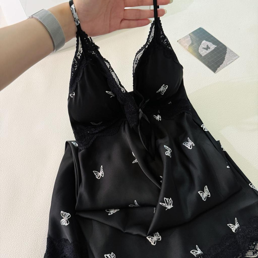 Ice Silk Women's Summer Sexy Suspender Nightdress Love Ironing Silver Butterfly Loose Pajamas Lace Silk Loungewear