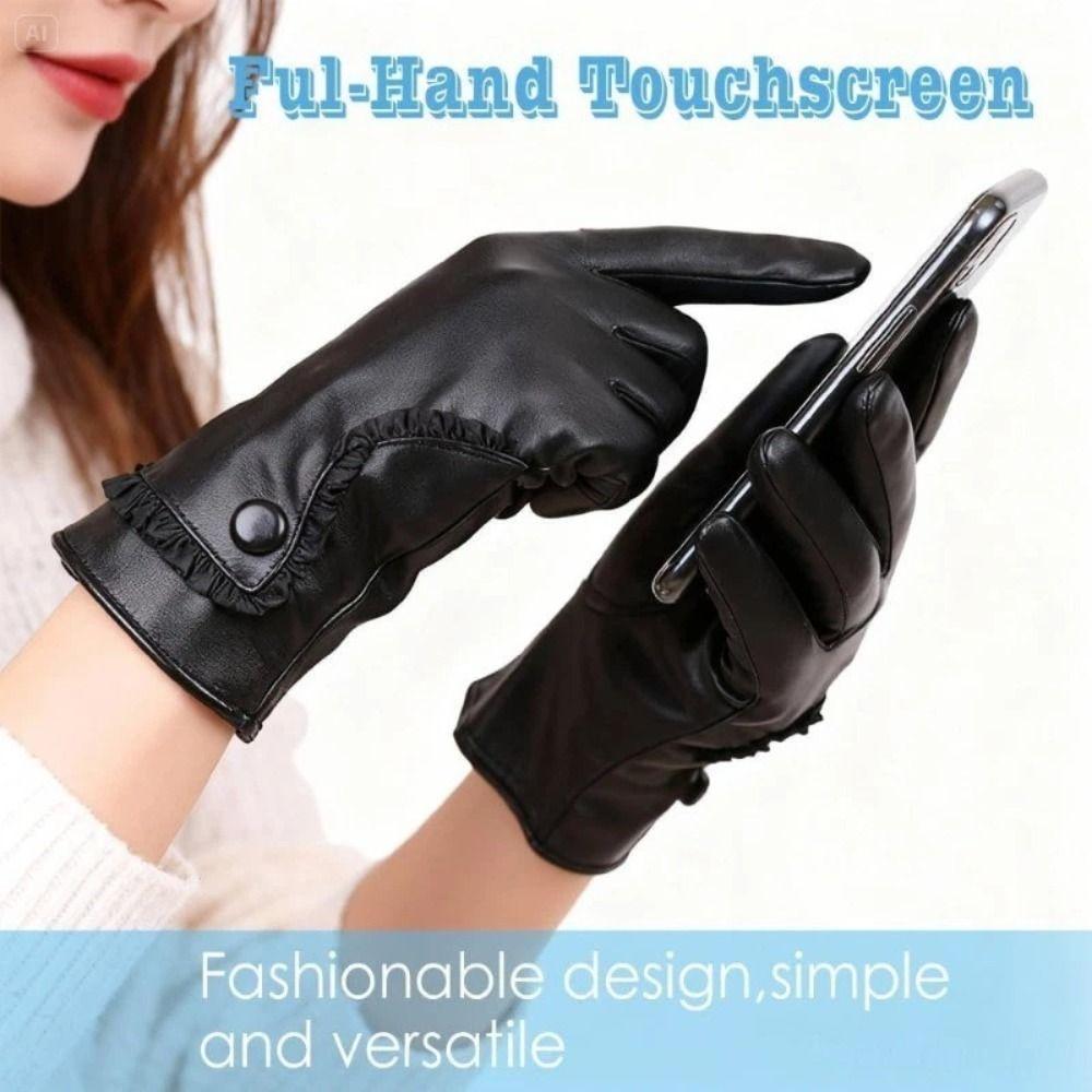 PU Leather Lace-trimmed Gloves Winter Warm Outdoor Cycling Gloves Fashion Touchscreen Gloves