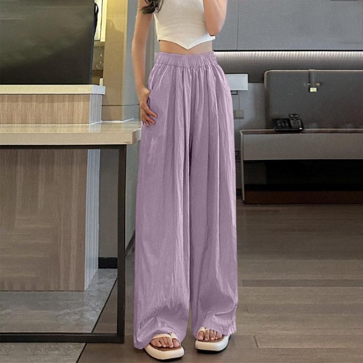Ice Silk Womens Casual Wide Leg Pants Loose Solid Color Wrinkled