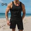 2Pcs/Set Men Sportswear Waffle Fabric Solid Color O-Neck Sleeveless Vest Elastic Waist Wide Leg Shorts Suit Casual Wear