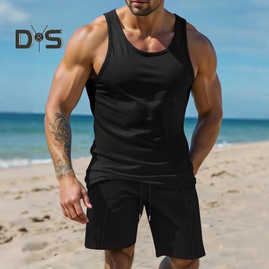 2Pcs/Set Men Sportswear Waffle Fabric Solid Color O-Neck Sleeveless Vest Elastic Waist Wide Leg Shorts Suit Casual Wear