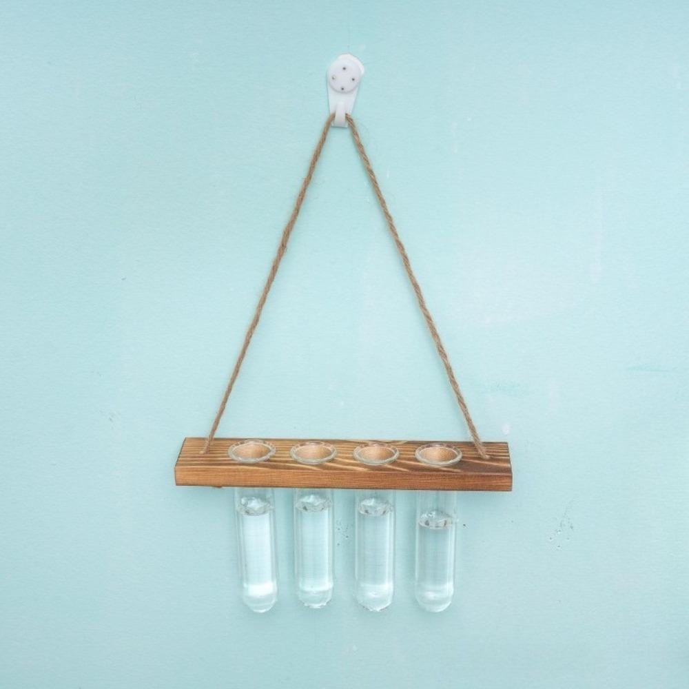 Hydroponic Plant Test Tube Glass Wall Vase Hanging Wooden Hanging Hemp Rope Flower Stand Wall Decoration for Home Decor Gifts