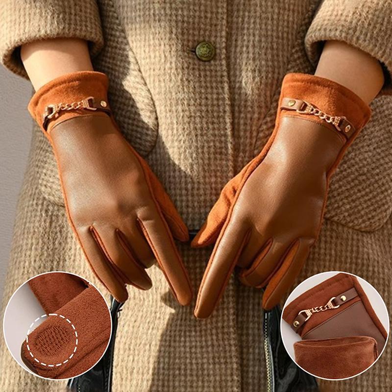 Luxury Protein Leather Fleece Lined Women'S Gloves Winter Cycling Windproof Keep Warm Elegant Touchscreen Gloves