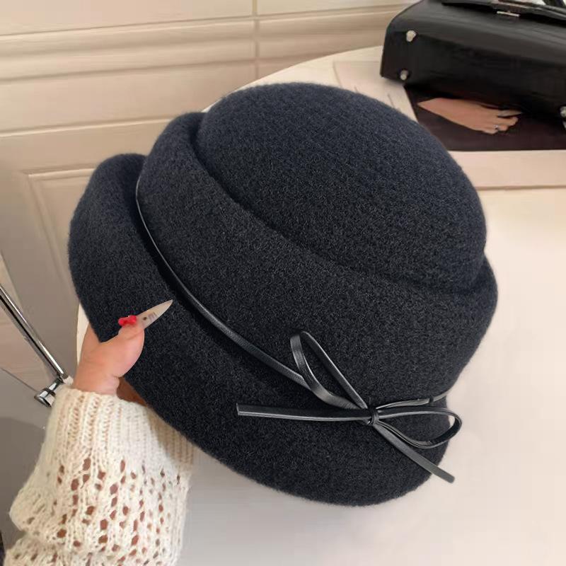 French Hepburn Style Elegant Woolen Hemming Thousand Gold Top Hat Children Autumn And Winter Retro Versatile Face Small Bucket Hat