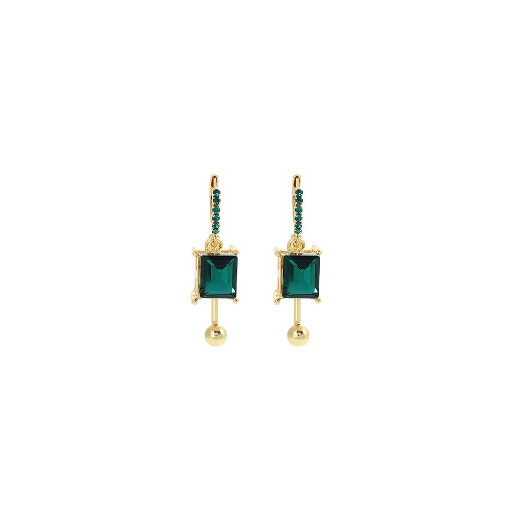 French Light Luxury Emerald Square Diamond Ear Buckle Temperament Fashion Fringed Diamond Earrings Exquisite High-End Niche Earrings