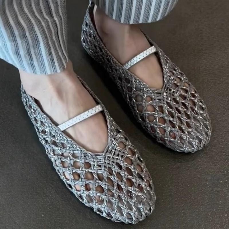 Mary Jane Roman Style Women Sandals 2025 Summer New Woven And Hollow Flats Shoes Fashion Casual Trend Single Women Sandals