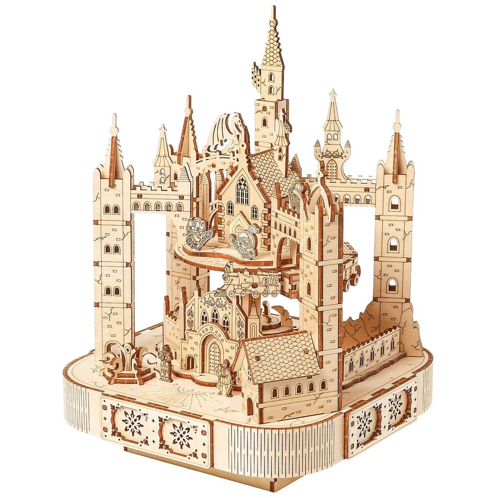 Hallisun Adult 3D Wooden Puzzle with Music Magic Castle Rotating Train Building Model DIY Assembly Mechanical Building Craft for Boys and Girls