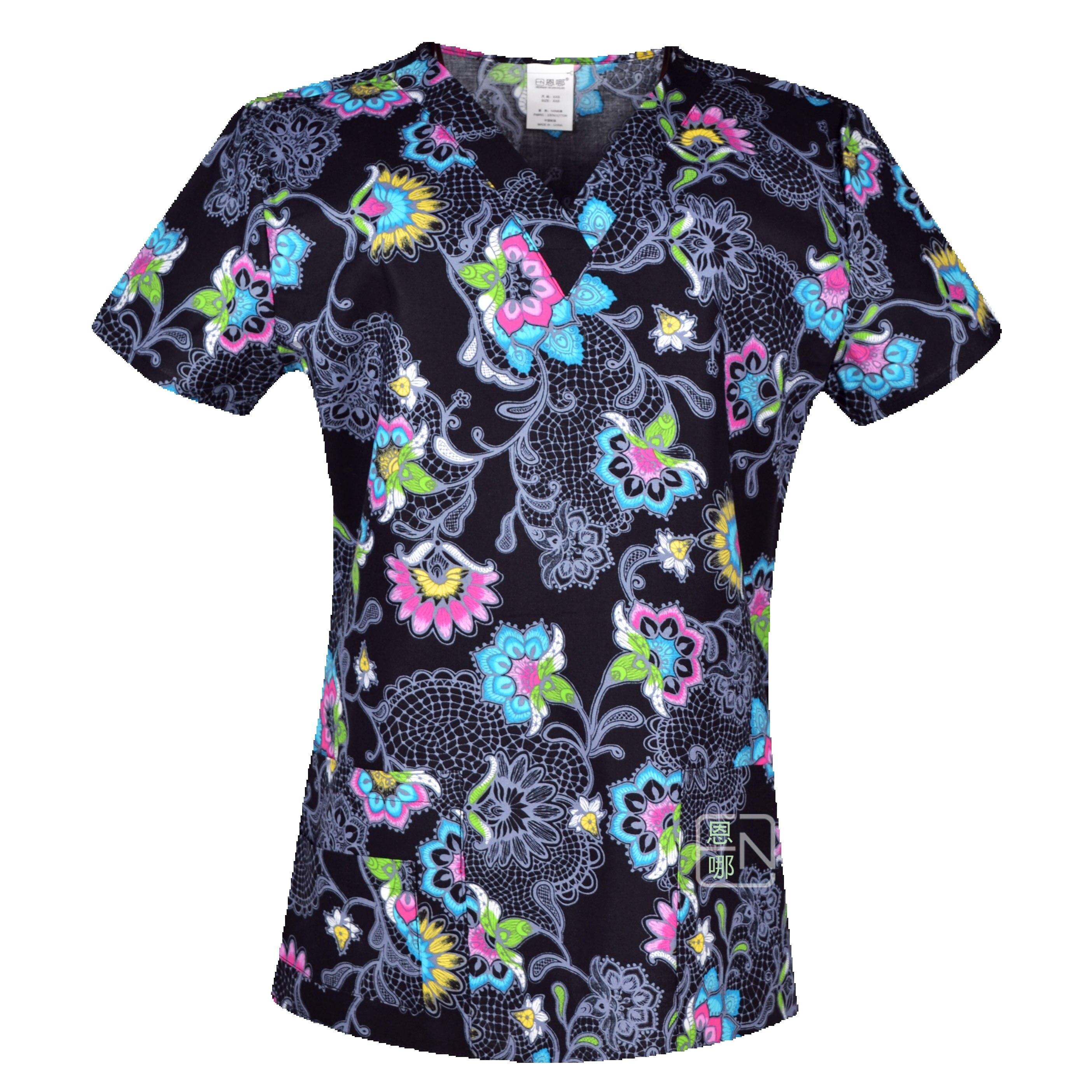 

Hennar Women Scrub Top 100% Print Cotton Uniforms V-Neck Short Sleeve XXS-3XL Hospital Clinical scrubScrubs Top S