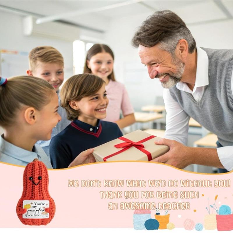 Handmade Knitted Pumpkin Ornament Home Room Decoration Funny Crochet Emotional Support Pumpkin Doll With Card Halloween Gifts