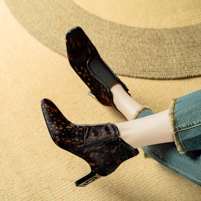 Fashion NEW Autumn/Winter Women Boots Square Toe Strange Heel Shoes Horsehair Shoes for Women Zipper Ankle Boots Leopard Modern Boots