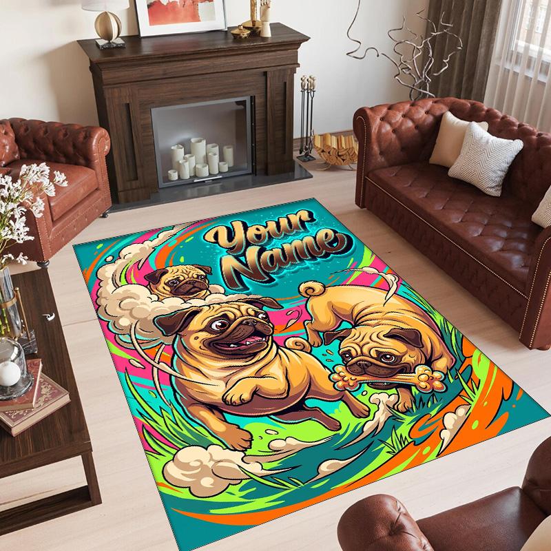 Pug Theme Crystal Velvet Floor Rug Personalized Custom Name Text Warm Carpet Home Decoration