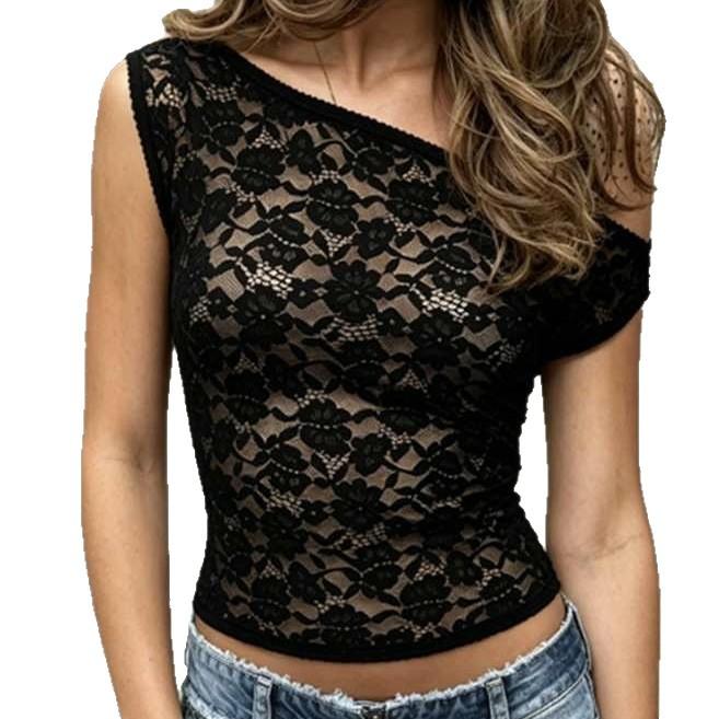 European and American women's clothing new fashionable and sexy slim-fitting lace slanted shoulder top