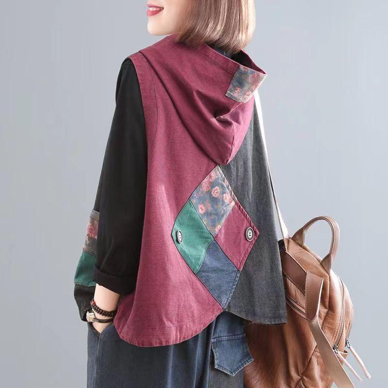 

Autumn Middle-Aged People Coat Ladieswear Oversized Fat Hiding Retro Distressed Hooded Print Patchwork Denim Vest WomenWaistcoat XS червоний