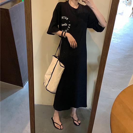 

Хлопковое платье с вырезом на спине для женщин, тонкая летняя корейская длинная юбка с высокой талией и короткими рукавами для студентов S чёрный