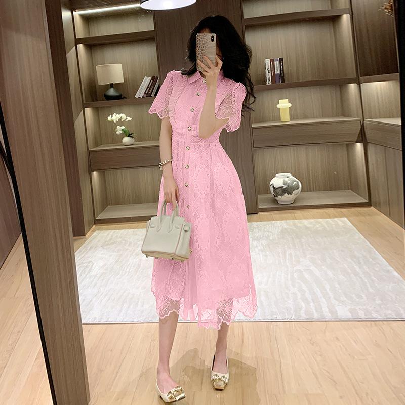 French Heavy Industry Lace Embroidered Lapel Single-breasted Waist Slim Dress Dress