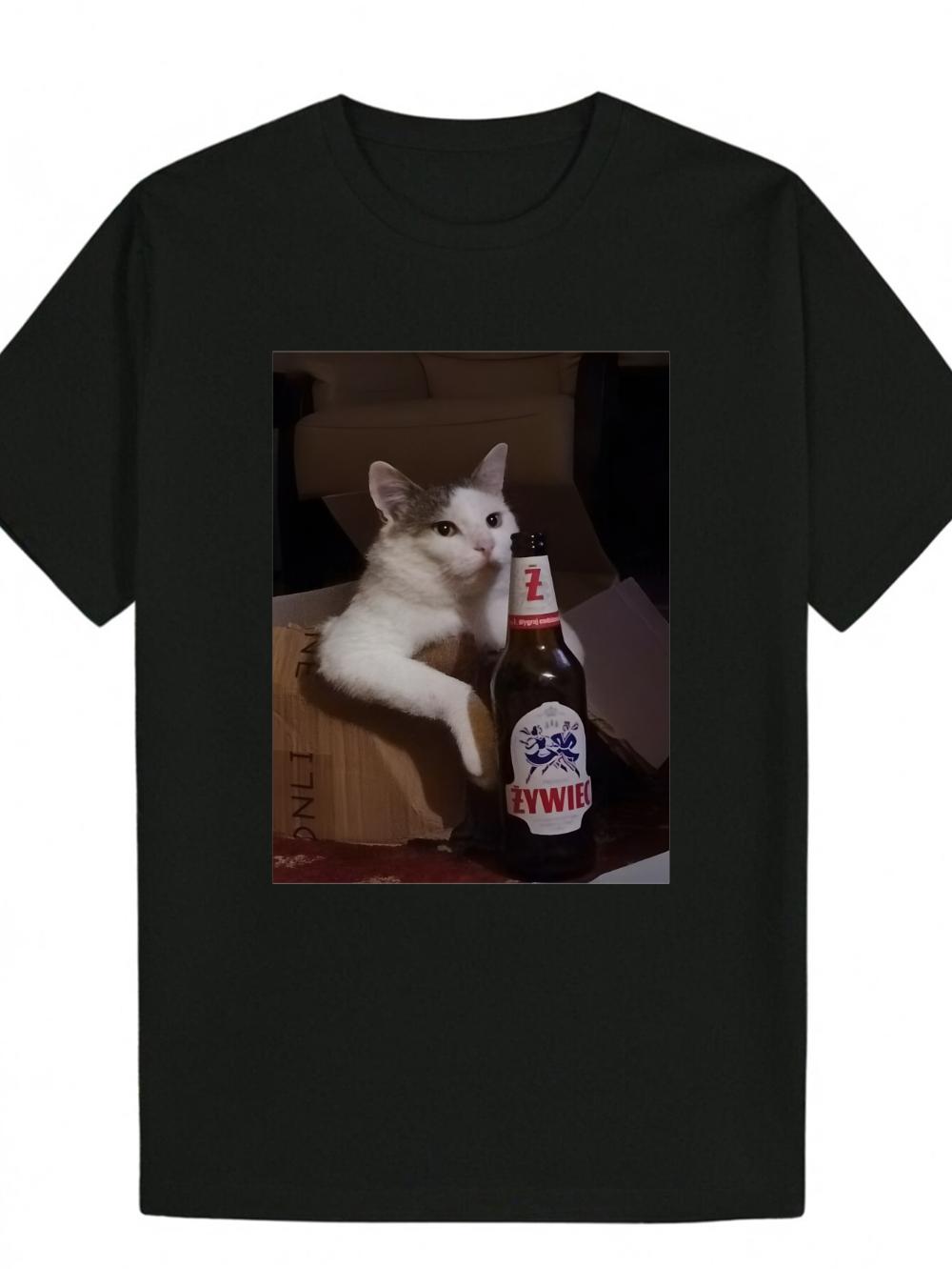 MenS Summer Casual Round Neck Cotton TShirt with Adorable Cat Beer Bottle Print Soft Breathable AllSeason Mens TShirt S
