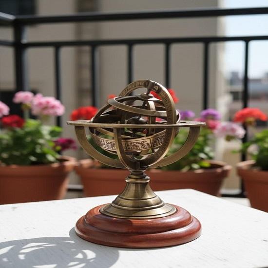 12.7 cm Brass Armillary Sphere Globe on Wooden Base Nautical Desk Decor