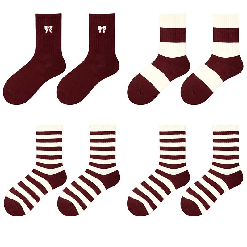 Ancora Women's Mid Tube Pure Cotton Socks Korean Style Bow Embroidery  Warm Breathable Festive New Year Girls Socks