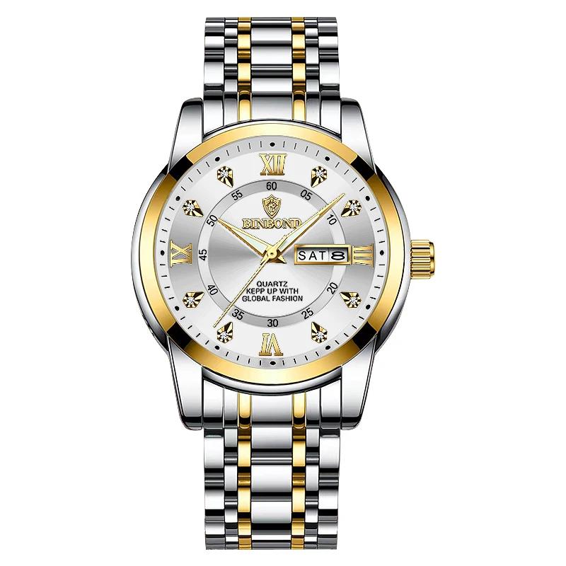 BINBOND Luxury Men Quartz Watch Waterproof Date Week Luminous Wristwatch Stainless Steel Men's Watches Male Clock Sports Reloj