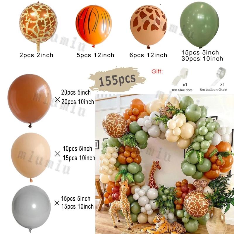 Sage Green Brown Wildlife Themed Balloon Garland Arch Kit Deer Print for Jungle Safari Kid Birthday Baby Shower Party Decoration